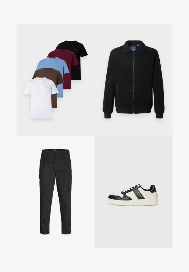 Chaqueta de forro polar negra con cierre de cremallera, cuello alzado, puños acanalados y bolsillos laterales con una superficie texturizada.; Cinco camisetas de manga corta en blanco, marrón, azul, burdeos y negro. Material de algodón, con cuellos redondos y pequeños acentos de logotipo en cada una.; Pantalones cargo negros hechos de tela resistente, que cuentan con múltiples bolsillos, un cierre de botón y un diseño de corte slim con piernas ajustadas.; Zapatillas de cuero con un esquema de colores negro y crema, que cuentan con acentos perforados, un collar acolchado y una suela texturizada.