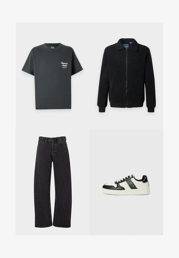 Juodas fliso džemperis su užtrauktuku, stovinčia apykakle, gumuotais rankogaliais ir šoninėmis kišenėmis, turinčiomis tekstūruotą paviršių.; Tamsiai pilka medvilninė marškinėliai su apykakle, trumpomis rankovėmis ir balta skripto logotipu kairėje krūtinės pusėje. Paprastas, nepuošnus dizainas.; Juodos džinsinės kelnės su laisvu, plačiu kirpimu. Turintis aukštą juosmenį, penkias kišenes ir klasikinius mygtuko bei užtrauktuko užsegimus.; Odiniai sportbačiai juodos ir kreminės spalvų schemoje, su perforuotais akcentais, paminkštinta apykakle ir tekstūruotu padu.