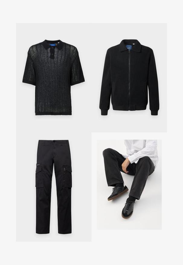 Melnā vilnas jaka ar rāvējslēdzēju, stāvošu apkakli, ribotām piedurknēm un sānu kabatām ar teksturētu virsmu.; Melna īsām piedurknēm polo krekls ar audumu ar tekstūru, ar apkakli, pogām un ribotām piedurknēm. Izgatavots no viegla materiāla.; Melnas cargo bikses ar vairākiem kabatām, ar rāvējslēdzēju kabatu uz augšstilba, taisnu piegriezumu un izturīgu kokvilnas audumu ar vieglu spīdumu.; Melnas sporta kurpes ar gludu un teksturētu virsu, apgādātas ar gumijas zoli un tumšiem auklām. Saskaņotas ar melniem džinsiem un baltu svītrainu krekls.