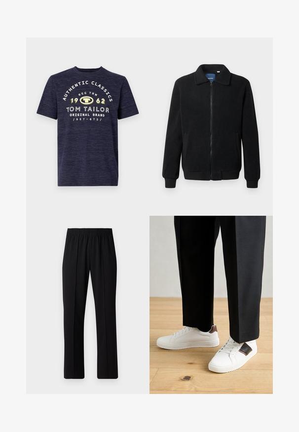 Černá fleecová bunda s zipovým uzávěrem, stojáčkem, vroubkovanými manžetami a bočními kapsami s texturovaným povrchem.; Námořnická modrá tričko s krátkým rukávem v melírované textuře, zdobené předním bílým a žlutým grafickým textem s názvem značky a rokem založení.; Černé kalhoty s elastickým pasem a rovnými nohavicemi, s hladkým povrchem a bez viditelných vzorů nebo kovových doplňků.; Bílé tenisky s hladkým povrchem, s hnědými koženými akcenty a černými detaily, kombinované s černými kalhotami na míru. Pozadí tvoří dřevěná podlaha.