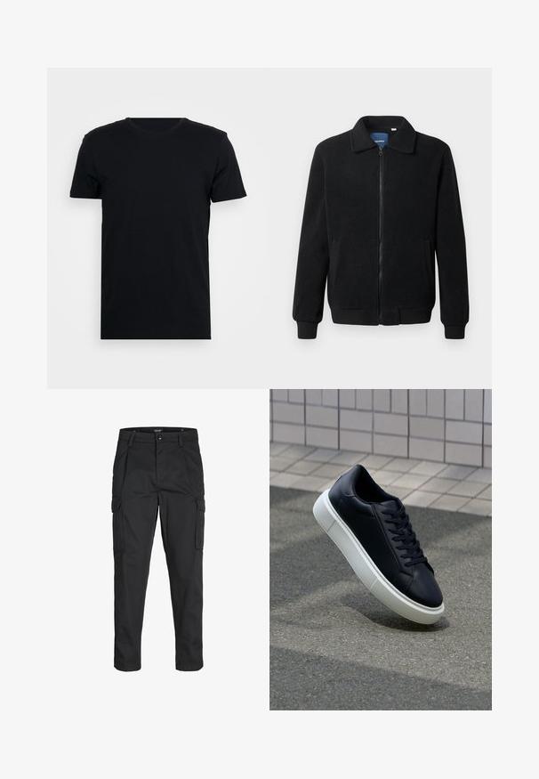 Jachetă din fleece neagră, cu închidere prin fermoar, guler înalt, manșete ribbate și buzunare laterale cu o suprafață texturată.; Tricou negru cu mânecă scurtă, cu guler rotund, realizat dintr-un material neted, având o croială simplă și fără modele sau desene vizibile.; Pantaloni cargo negri dintr-un material rezistent, cu multiple buzunare, închidere cu nasture și un design slim fit cu picioare conice.; Tenis cu piele neagră, cu vârful rotund și talpă din cauciuc alb. Are șireturi plate și cusături minime pe suprafață. Tălpile texturate oferă aderență.