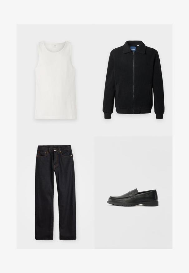 Svart fleece jakke med glidelås, høy krage, ribbestrikkede mansjetter og sidelommer med strukturert overflate.; Hvit ermeløs tanktop laget av ribbestrikket stoff, med rund halsutskjæring og rene kanter. Lappen på midten bak sier "GAP."; Men's straight-leg svarte denim jeans med fem lommer og oransje søm, knapp og glidelås lukking foran på midjen.; Svart skinnloafers med glatt finish, mokkasin-stil overdel, broderte detaljer og gummisåle. Klassisk design med lav hæl.