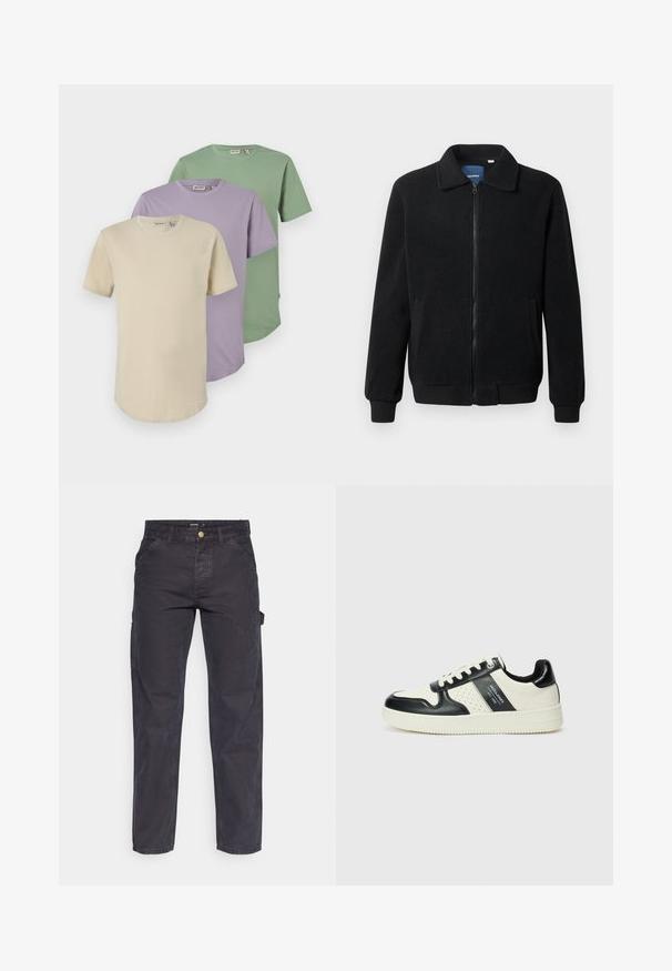 Fekete bolyhos dzseki cipzárral, állógallérral, bordázott mandzsettákkal és oldalzsebekkel, textúrált felülettel.; Három rövid ujjú póló krém, levendula és zöld színben. Puha pamutból készült, kerek nyakkivágással és laza szabással.; Sötétszürke cargo nadrág tartós anyagból, egyenes szárú fazonnal, öt zsebbel és gombos derékzárral.; Fekete és krém színű bőrsneaker, perforált díszítésekkel, párnázott bokapánttal és texturált talppal.