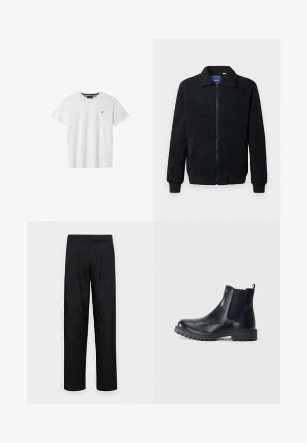 Svart fleecjacka med dragkedja, ståkrage, ribbade muddar och sidofickor med texturerad yta.; Vit bomullströja med korta ärmar, rundad halsringning och en navy korssymbol på vänster bröst. Har ett mönstrat inre halslinning.; Svarta byxor i slät väv, med rak ben-design, två framfickor och standardmidja med bälteshällor.; Svarta läder Chelsea boots med elastiska sidopaneler, rund tå och gummisula med bra grepp. Minimalistisk design med dragtab.