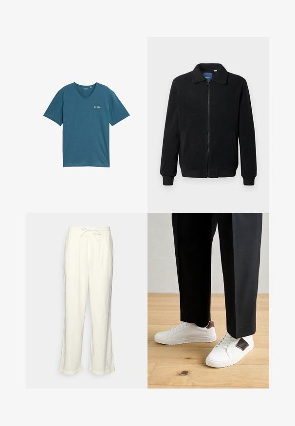 Sort fleecejakke med lynlås, opretstående krave, ribbede manchetter og sidelommer med en tekstureret overflade.; Teal V-hals t-shirt lavet af blødt bomuld, med korte ærmer og et lille hvidt logo på venstre bryst. Enkel, afslappet design.; Linnedbukser i off-white med snoreliv, let brede ben og opsmøgede manchetter til en afslappet pasform. Ingen lommer.; Hvide sneakers med glat tekstur, prydet med brune læderdetaljer og sorte detaljer, sammen med sorte skræddersyede bukser. Baggrund med trægulv.