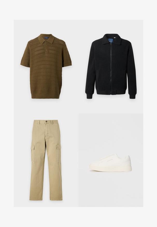 Schwarze Fleecejacke mit Reißverschluss, Stehkragen, gerippten Bündchen und seitlichen Taschen mit strukturiertem Oberflächenmaterial.; Kurzarm-Polohemd in Olivgrün mit strukturiertem, offenem Strickdesign und horizontalen Streifen sowie einem gerippten Kragen und Saum.; Beige Cargo-Hosen aus Baumwolle, mit zwei Seitentaschen, einem Knopfverschluss und geraden Beinen aus einem leicht strukturierten Stoff.; Weiße Slip-On-Sneaker mit einer strukturierten Oberfläche, dicker Sohle und minimalistischem Design. Mit Logo der Marke an der Seite.