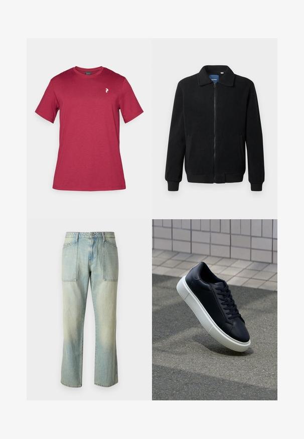 Černá fleecová bunda s zipovým uzávěrem, stojáčkem, vroubkovanými manžetami a bočními kapsami s texturovaným povrchem.; Bordová bavlněná tričko s krátkými rukávy, kulatým výstřihem a malým bílým logem na levé straně hrudi. Hladká textura a neformální design.; Světle modré džíny s rovnou nohavicí, viditelným švem a dvěma velkými předními kapsami. Tkanina má vybledlý povrch.; Černé kožené tenisky s kulatou špičkou a bílou gumovou podrážkou. mají ploché tkaničky a minimální šití na svršku. Texturovaná podrážka pro lepší přilnavost.