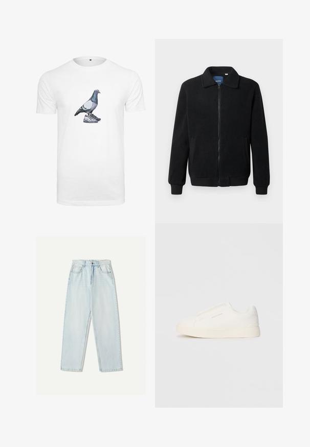 Črna flis jakna z zadrgo, stoječim ovratnikom, rebrastimi zapestji in stranskimi žepi s teksturirano površino.; Bela bombažna majica s grafikonom goloba, ki stoji na paru čevljev, z podrobnimi barvami in sencami na ptici.; Svjetloplave traperice s ležernim krojem, ravnim nogavicama, dizajnom s pet džepova i suptilnim izblijedjenjem na tkanini.; Bele zapete brez vezalk z teksturirano površino, debelim podplatom in minimalističnim dizajnom. Na strani se nahaja logotip blagovne znamke.