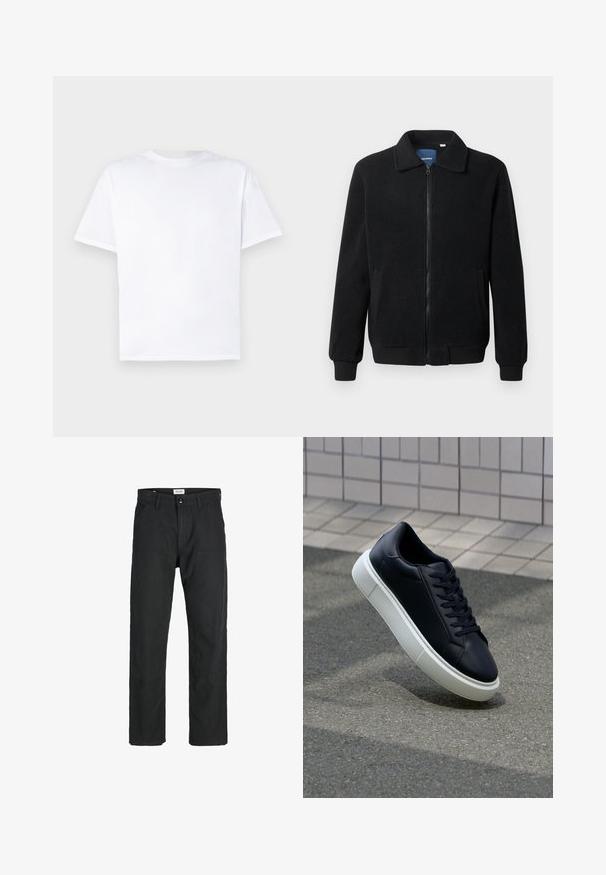 Czarna polarowa kurtka z zamkiem błyskawicznym, stójką, ściągaczami przy mankietach oraz bocznymi kieszeniami o teksturowanej powierzchni.; Biała bawełniana koszulka z okrągłym dekoltem i krótkimi rękawami. Gładka faktura, prosty krój, bez wzorów i akcentów. Widok z tyłu.; Czarne spodnie wykonane z trwałego materiału, z prostym krojem nóg, przeszyciami i dwiema przednimi kieszeniami dla funkcjonalności.; Czarne skórzane sneakersy z okrągłym noskiem i białą gumową podeszwą. Posiadają płaskie sznurowadła i minimalne przeszycia na cholewce. Teksturowana podeszwa zapewnia przyczepność.