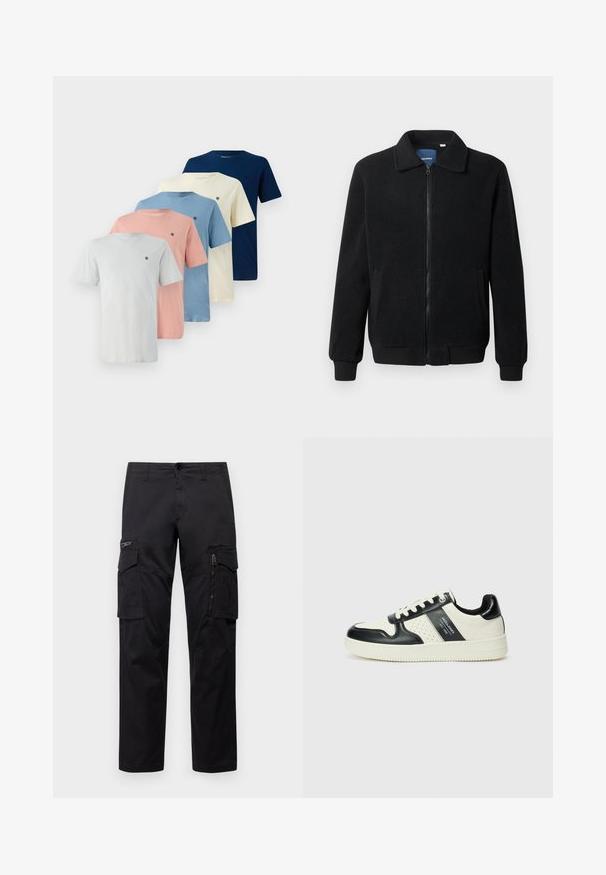 Juodas fliso džemperis su užtrauktuku, stovinčia apykakle, gumuotais rankogaliais ir šoninėmis kišenėmis, turinčiomis tekstūruotą paviršių.; Penki trumpomis rankovėmis marškiniai įvairių pastelinių spalvų: pilkos, rožinės, šviesiai mėlynos, kreminės ir tamsiai mėlynos, su mažu logo ant krūtinės.; Juodos krovinių kelnės, turinčios kelis kišenes, užtrauktuku uždaromą kišenę ant šlaunies, tiesaus kirpimo ir tvirtos medvilnės audinys su nežymiu blizgesiu.; Odiniai sportbačiai juodos ir kreminės spalvų schemoje, su perforuotais akcentais, paminkštinta apykakle ir tekstūruotu padu.
