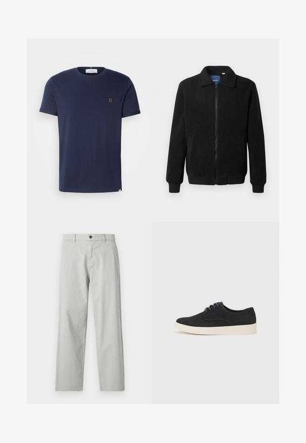 Casaco de polar preto com fecho de correr, gola alta, punhos canelados e bolsos laterais com uma superfície texturizada.; T-shirt de manga curta azul-marinho feito de algodão suave, com um decote redondo e um pequeno bordado laranja "II" no peito.; Calças cinza-claro, de perna reta, feitas de um tecido suave e tecido. Apresentam um fecho frontal com botão e bolsos laterais. Estilo minimalista.; Sapatilha preta em camurça com atacadores, bico arredondado, sola leve creme e discretos detalhes em azul nas laterais.