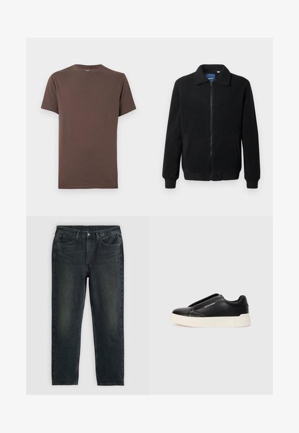 Černá fleecová bunda s zipovým uzávěrem, stojáčkem, vroubkovanými manžetami a bočními kapsami s texturovaným povrchem.; Hnědá bavlněná tričko s kulatým výstřihem, krátkým rukávem a hladkou texturou. Bez viditelných vzorů nebo akcentů. Standardní střih.; Tmavě modré džíny z denimu se střihy rovnými nohavicemi, obsahující pět kapes, zipový pas a kontrastní šití. Jemné blednutí na látce.; Černé nazouvací tenisky s texturovaným koženým svrškem, bílou gumovou podrážkou a bez viditelných tkaniček. Na boku se nachází logo značky.