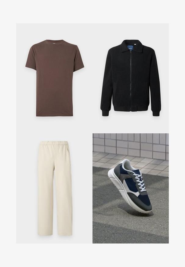 Casaco de polar preto com fecho de correr, gola alta, punhos canelados e bolsos laterais com uma superfície texturizada.; Camiseta de algodão castanha com decote redondo, mangas curtas e uma textura suave. Sem padrões ou detalhes visíveis. Design de corte padrão.; Calças largas em bege com uma cintura elástica, confeccionadas em tecido macio. Apresentam uma textura suave e sem padrões ou acessórios visíveis.; Sapatilha com parte superior em malha azul-marinho, detalhes em camurça cinza, sola de borracha branca e atacadores brancos planos, projetada para conforto e respirabilidade.