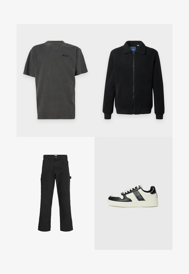 Jachetă din fleece neagră, cu închidere prin fermoar, guler înalt, manșete ribbate și buzunare laterale cu o suprafață texturată.; Tricou din bumbac gri, cu mâneci scurte, decolteu rotund și un mic logo negru pe piept. Textură moale și croială lejeră.; Pantaloni cargo negri dintr-un amestec de bumbac. Au picioare largi, buzunare frontale înclinate și un buzunar lateral cu un laț pentru accesorii.; Tenisi din piele cu un scheme de culori negru și crem, dotati cu accente perforate, guler căptușit și o talpă texturată.