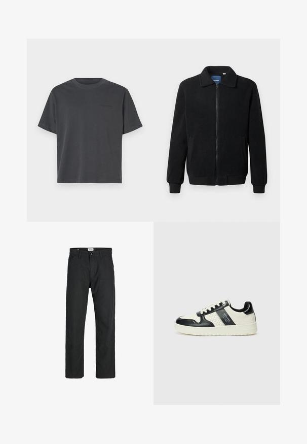 Crni flis jakna s zatvaranjem na zip, stojećim ovratnikom, rebrastim manžetama i bočnim džepovima s teksturiranom površinom.; Tamno siva pamučna majica s okruglim izrezom, kratkim rukavima, ravnim rubom i suptilnim natpisom na prsima.; Crne hlače od izdržljivog materijala, s ravnim krojem, šivenim detaljima i dva prednja džepa za funkcionalnost.; Kožne tenisice s crno-bijelom paletom boja, koje imaju perforirane akcentne detalje, podstavljeni ovratnik i teksturiranu potplat.