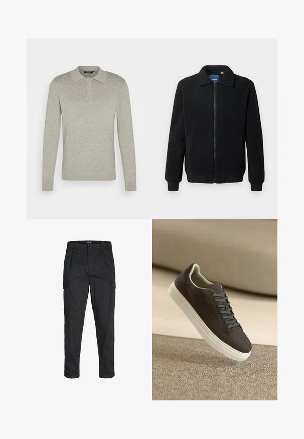 Schwarze Fleecejacke mit Reißverschluss, Stehkragen, gerippten Bündchen und seitlichen Taschen mit strukturiertem Oberflächenmaterial.; Langärmliges, hellgraues Polohemd aus weichem Stoff mit einer Knopfleiste mit drei Knöpfen und gerippten Bündchen, das über ein klassisches Kragen Design verfügt.; Schwarze Cargo-Hose aus robustem Material, mit mehreren Taschen, einem Knopfverschluss und einem Slim-Fit-Design mit schmal zulaufenden Beinen.; Dunkelgraue Wildleder-Sneaker mit passenden Schnürsenkeln und weißer Gummisohle, platziert über einer strukturierten beige Oberfläche mit sanftem Hintergrund.