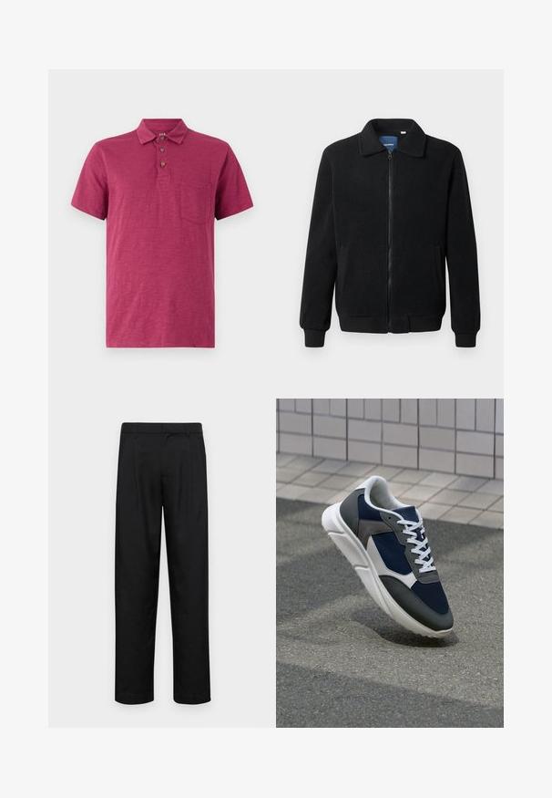 Musternahk fleece-jakk musternahaga, tõmblukk, seisev kaelus, soonikkoes varrukad ja küljetaskud tekstuurse pinnaga.; Lühikeste varrukatega polo särk sügavas vaarikavärvis. Valmistatud kergest kangast, millel on krae, kolme nööbiga haak ja rinnatasku.; Mustad mustadest riietest, millel on sirge jalgade disain, kaks eesmist voltimist ja tavaline vöökoht, millel on vöökohad.; Sneaker, mille sinine võrkkangas, hallid nubukdetailid, valge kummitald ja lamedad valged paelad, disainitud mugavuseks ja hingavuseks.