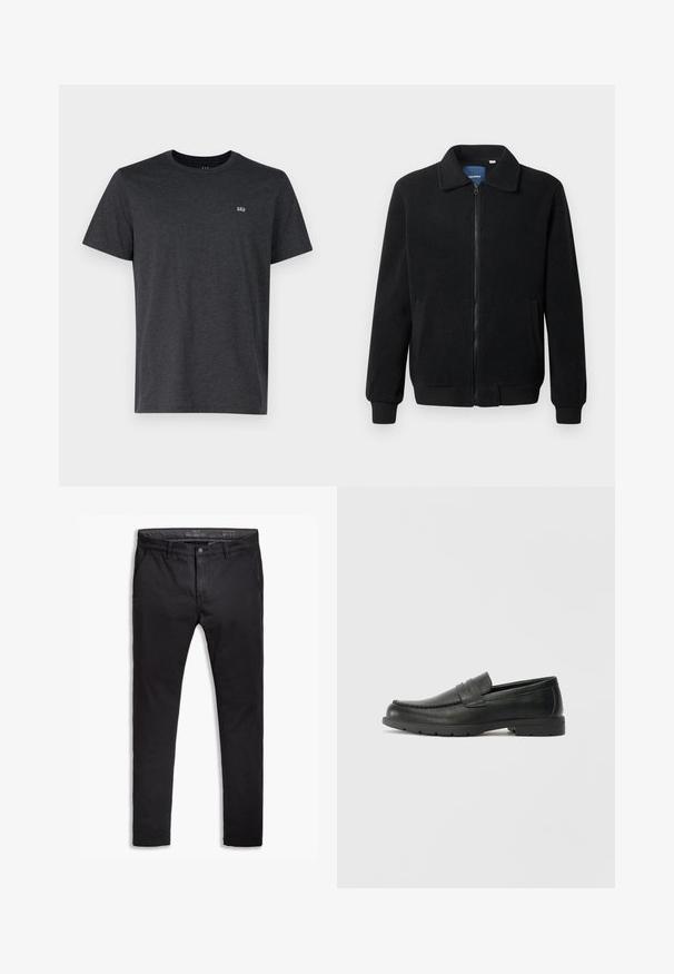 Casaco de polar preto com fecho de correr, gola alta, punhos canelados e bolsos laterais com uma superfície texturizada.; T-shirt de manga curta cinza escuro, feito de um tecido macio, com decote redondo e um pequeno logotipo bordado no lado esquerdo do peito.; Chinos pretos de algodão com um corte afunilado, apresentando cinco bolsos, passantes para cinto e uma textura suave. Fecho com zíper e botão.; Sapatos mocassins de couro preto com acabamentos lisos, parte superior em estilo mocassins, detalhes em costura e sola de borracha. Design clássico com um salto baixo.