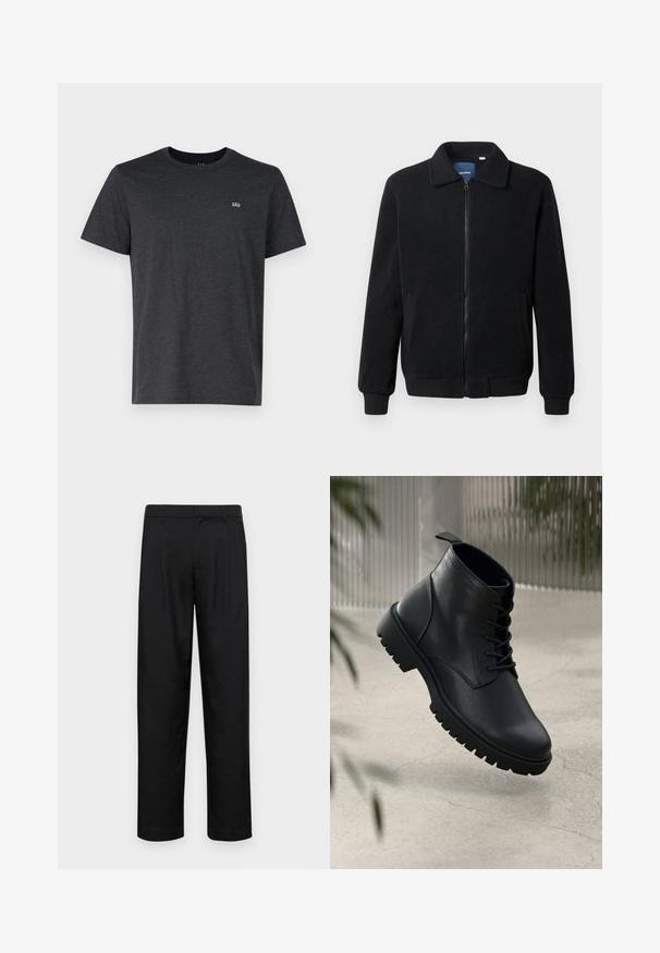 Musta fleece-takki, jossa on vetoketjulla suljettavat, pystykaulus, ribbireunat ja sivutaskut, joissa on teksturoitu pinta.; T-paita lyhyillä hihoilla, tummanharmaasta pehmeästä kankaasta, jossa on pyöreä kaula-aukko ja pieni brodeerattu logo vasemmassa rintamuksessa.; Mustat housut, jotka on valmistettu sileästä kankaasta, suoran lahkeen muotoilulla, kahdella etupleekillä ja tavanomaisella vyötäröllä, jossa on vyölenkit.; Mustat nahka nilkkurit, joissa on pyöreä kärki, nauhakiinnitys ja kova kumipohja. Sujuva pinta, jossa on vetoketju takana.