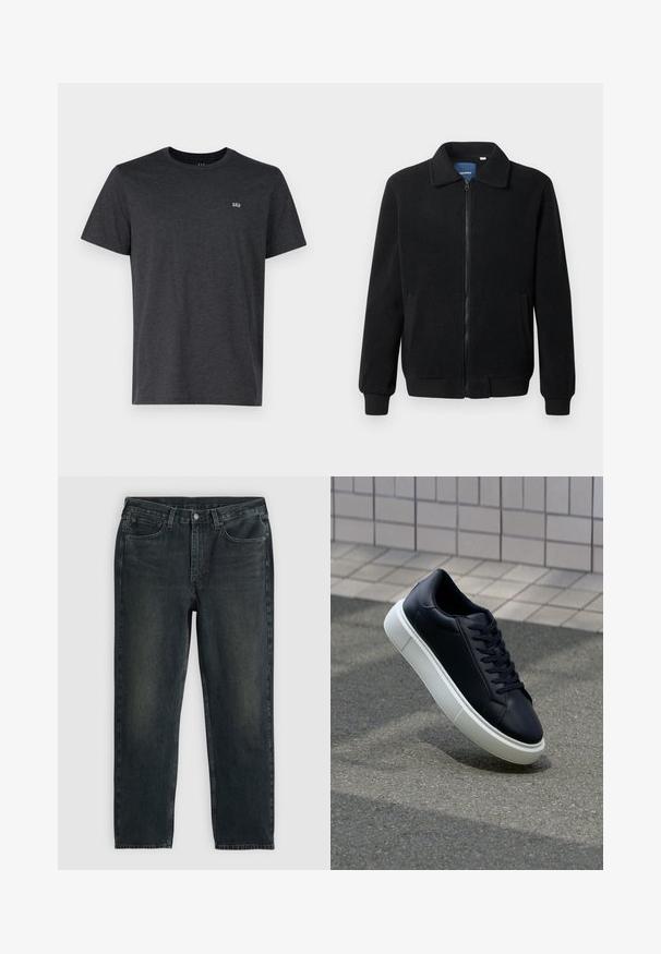 Black fleece jacket featuring a zip closure, stand collar, ribbed cuffs, and side pockets with a textured surface.; Dark gray short-sleeve t-shirt made from soft fabric, featuring a crew neckline and a small embroidered logo on the left chest.; Black denim jeans with a straight leg cut, five-pocket design, and subtle fading details. Features a button and zipper fly.; Black leather sneaker with rounded toe and white rubber sole. Features flat laces and minimal stitching on the upper. Textured sole for grip.