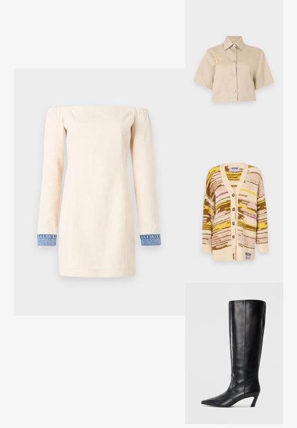 Knitted cardigan featuring swirling patterns in cream, yellow, brown, and pink. Design includes a V-neck, button front, and logo detail at hem.; Off-the-shoulder dress in cream cotton, featuring long sleeves with denim cuffs. Simple silhouette with a straight cut, mid-thigh length.; Cropped beige shirt with short sleeves, button front, and silver buttons. Features a yellow embroidered detail on the left side.; Black leather knee-high boots with a pointed toe, slim heel, smooth texture, and minimal stitching detail.