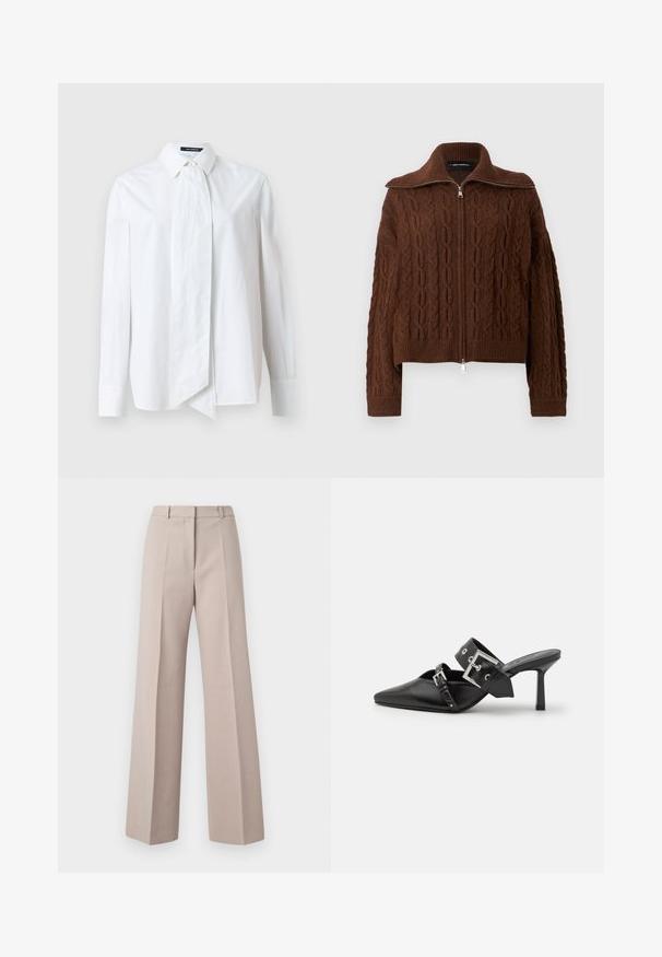 Brun strikket genser med kabelmønster, glidelås foran og bred krage. Har ribbede mansjetter og nederkant for en tettsittende stil.; Hvit skjorte med lange ermer, med en stor sløyfe ved kragen, laget av glatt stoff med en sprø tekstur.; Beige vide bukser laget av et glattt stoff, med høy midje, frontfold og skreddersydd silhuett.; Svarte høye hælsandaler med spiss tå, laget av glatt lær. Har et bredt ankelbelte med firkantet sølvspenne og nagler.