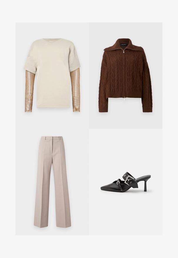 Hnedý pletený sveter s káblovým vzorom, so zipsovým zapínaním a širokým golierom. Obsahuje rebrované manžety a spodný pás pre priliehavý vzhľad.; Béžové tričko s krátkymi rukávmi a metalicko zlatými sieťovanými dlhými rukávmi. Materiál je hladký a dizajn obsahuje zaoblený výstrih.; Béžové nohavice s širokými nohavicami vyrobené z hladkého materiálu, s vysokým pásom, prednými záhybmi a upraveným strihom.; Čierne vysoké podpätky mule so špicatou špičkou, vyrobené z hladkej kože. Obsahujú široký členkový remienok so štvrcovým strieborným sponom a cvokmi.