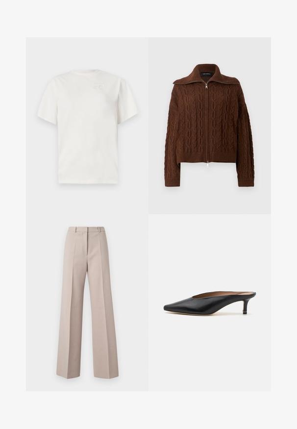 Brauner gestrickter Pullover mit Zopfmuster, Reißverschluss und weitem Kragen. Mit gerippten Bündchen und Saum für eine taillierte Passform.; Weißes Baumwoll-T-Shirt mit Rundhalsausschnitt, kurzen Ärmeln und einem dezenten vertieften Logo auf der Brust. Sanfte Textur und lockere Passform.; Beige weit geschnittene Hosen aus einem glatten Stoff, mit hoher Taille, vorderen Falten und einer maßgeschneiderten Silhouette.; Schwarze Leder-Mules mit spitzem Zehenbereich und niedrigem Blockabsatz. Glatte Textur mit elegantem Design. Offene Rückseite mit minimaler Gestaltung.