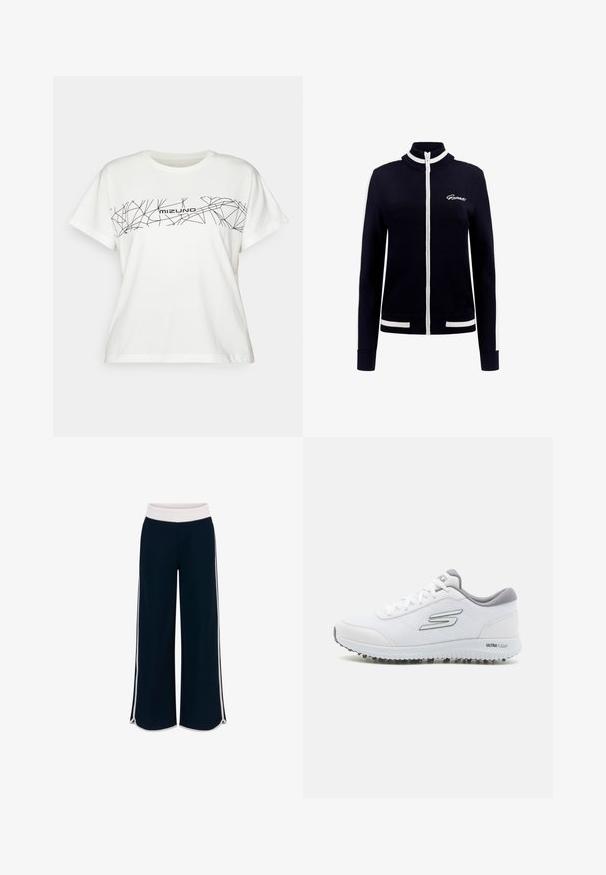 Jūras zila kabatas jakas ar augstu apkakli, baltām svītrām uz piedurknēm un apakšmalas, ribota aproces un priekšējais logotipa dekors. Izgatavota no adītā materiāla.; Balta īsām piedurknēm t-krekls, izgatavots no kokvilnas, ar melnu ģeometrisku rakstu un tekstu "Mizuno" uz krūtīm. Parasta piegriezuma, apaļš kakla izgriezums.; Jūras zila platā kāju bikses ar baltu elastīgu jostu un kontrastējošām sānu svītrām. Gluda tekstūra ar brīvu piegriezumu un sānu šķēlumiem apakšmalā.; Baltie sporta apavi ar teksturētu sietu augšpusi, sudraba akcentiem un vieglu zoli ar mazām saķeres uzlikām, apzīmēti "ULTRA FLIGHT."