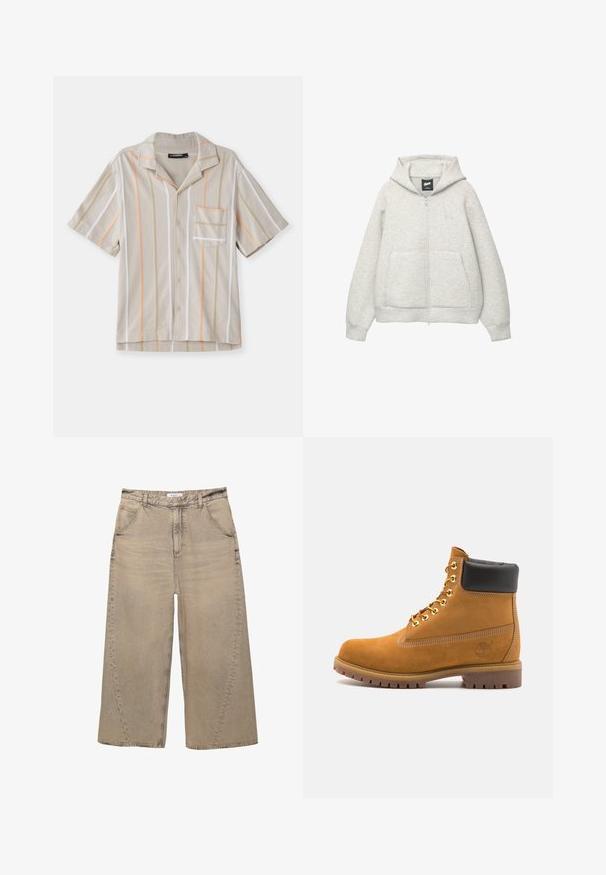 Felpa grigia con zip realizzata in tessuto morbido, dotata di tasca frontale, cappuccio regolabile con cordino e un piccolo logo nella zona del petto.; Camicia a maniche corte color beige con strisce verticali arancioni, verdi e bianche. Presenta un colletto e una tasca sul petto. Tessuto strutturato.; PULL&BEAR MEGA BAGGY - Jeans baggy - light grey; Stivale alla caviglia in suede tan con collare imbottito nero, occhielli in metallo dorato, dettagli in cucitura bianca e suola in gomma robusta con battistrada pronunciato.