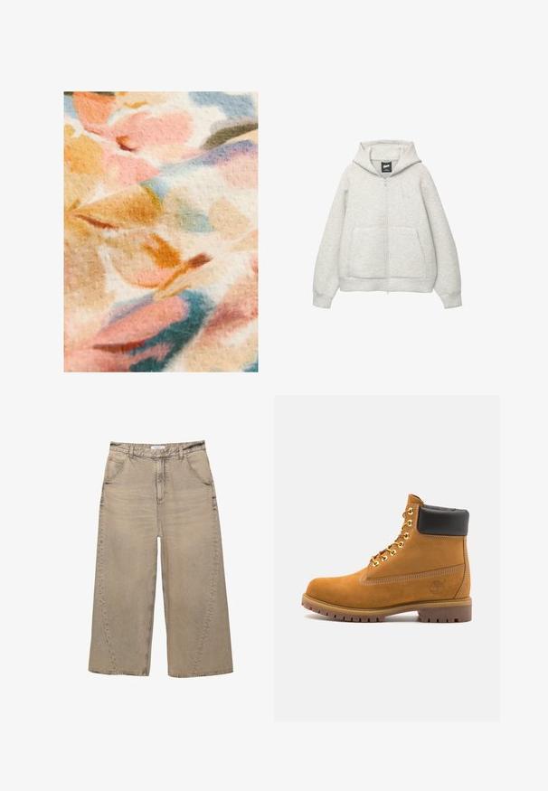Haut à capuche zippé gris en tissu doux, avec une poche avant, un cordon de serrage à la capuche et un petit logo sur la poitrine.; Tissu floral avec des couleurs pastel douces, incluant du rose, de l'orange et du bleu, avec une surface texturée et un motif flou.; PULL&BEAR MEGA BAGGY - Jean baggy - light grey; Bottine en daim beige avec un col rembourré noir, œillets en métal doré, détails de surpiqûres blanches et semelle en caoutchouc robuste avec des crampons prononcés.