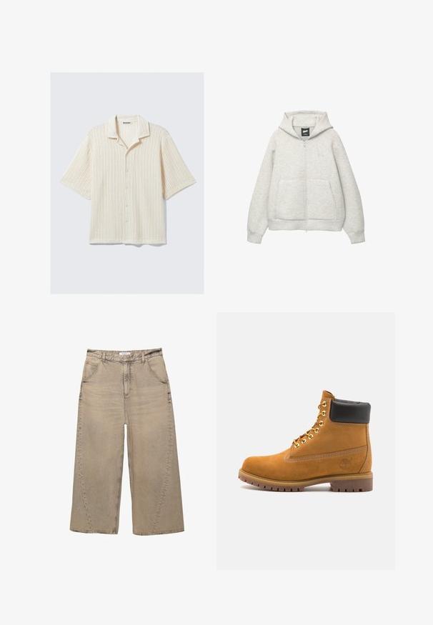 Graue Kapuzenjacke mit Reißverschluss, aus weichem Stoff, mit einer Fronttasche, einer Zugkordel an der Kapuze und einem kleinen Logo im Brustbereich.; Kurze Ärmel Hemd mit Knopfverschluss in Creme mit geripptem Muster. Hat einen umgeschlagenen Kragen und fünf Knöpfe auf der Vorderseite. Lässiges Design.; PULL&BEAR MEGA BAGGY - Baggy Jeans - light grey; Beige Wildleder-Ankle-Boot mit schwarzem gepolstertem Kragen, goldenen Metallösen, weißen Nähdetalben und einer robusten Gummisohle mit ausgeprägtem Profil.