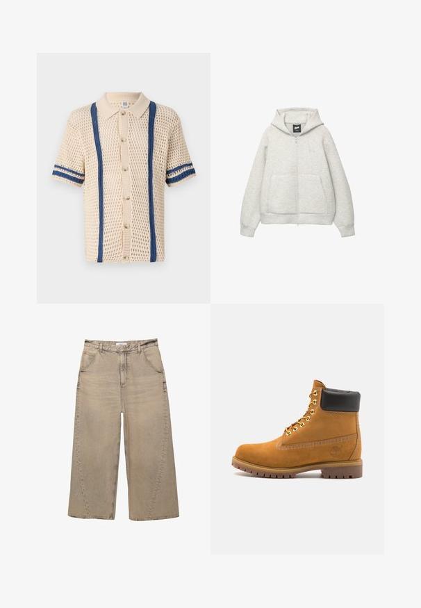 Szara bluza z kapturem na zamek, wykonana z miękkiego materiału, z przednią kieszenią, kapturem z troczkami i małym logiem na klatce piersiowej.; Kremowa, krótko rękawowa, dzianinowa koszulka polo z niebieskimi paskami, zapinana na guziki, z teksturowanym wzorem. Miękki, przewiewny materiał z luźnym krojem.; PULL&BEAR - Jeansy baggy; Beżowe zamszowe botki sięgające kostki z czarną wyściełaną krawędzią, złotymi oczkami, białymi detalami szycia oraz wytrzymałą gumową podeszwą z wyraźnym bieżnikiem.