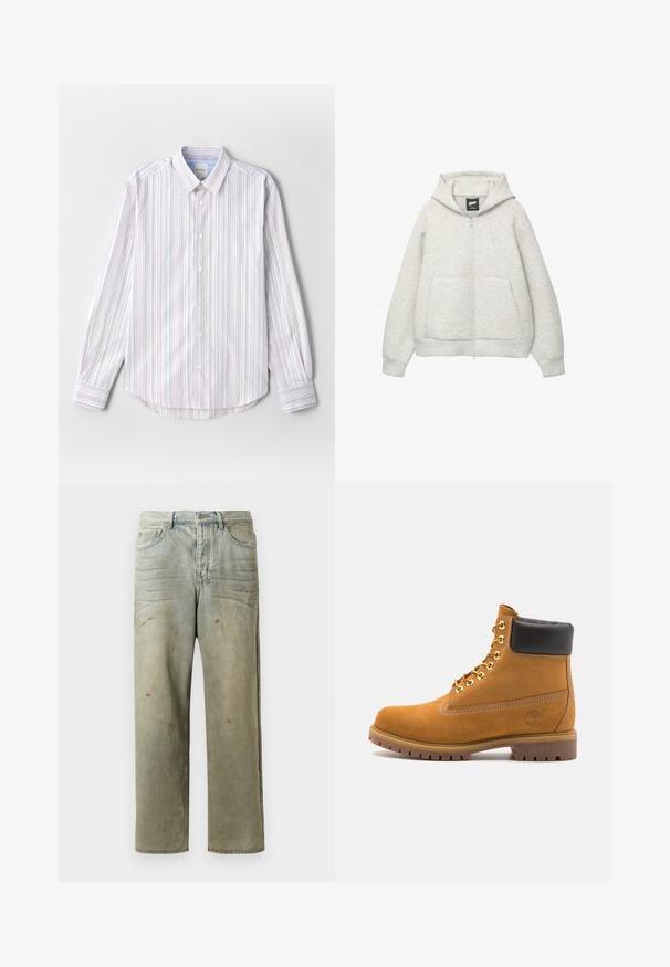 Hanorac gri cu fermoar, confectionat dintr-un material moale, cu un buzunar frontal, gluga cu șnur și un logo mic în zona pieptului.; Cămașă ușoară cu nasturi, cu dungi verticale alb, albastru și roșu. Prezintă un guler clasic și mâneci lungi, cu tiv rotunjit.; Jeans din denim uzat, de culoare verde deschis, cu un croi drept, design cu cinci buzunare, și decolorare inegală cu stropi de vopsea.; Cizmă de gleznă din întoarsă de culoare bej, cu guler negru căptușit, ochiuri din metal auriu, detalii de cusătură albă și talpă din cauciuc robustă, cu un model pronunțat.