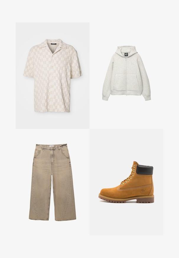 Grijze zip-up hoodie van zachte stof met een voorkantzak, een capuchon met trekkoord en een klein logo op de borst.; Korte mouw beige geruite shirt van gestructureerde stof, met een knoopsluiting aan de voorkant en een klassieke kraag.; PULL&BEAR MEGA BAGGY - Baggy jeans - light grey; Tan suède enkelboot met zwart gevoerd kraagje, gouden metalen oogjes, witte stikdetails en een robuuste rubberen zool met uitgesproken profiel.
