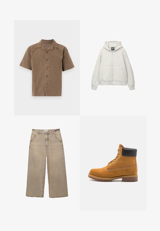 Felpa grigia con zip realizzata in tessuto morbido, dotata di tasca frontale, cappuccio regolabile con cordino e un piccolo logo nella zona del petto.; Camicia a maniche corte in corduroy marrone, con colletto, bottoni frontali e vestibilità rilassata. Tessuto liscio con un lieve lucido.; PULL&BEAR MEGA BAGGY - Jeans baggy - light grey; Stivale alla caviglia in suede tan con collare imbottito nero, occhielli in metallo dorato, dettagli in cucitura bianca e suola in gomma robusta con battistrada pronunciato.