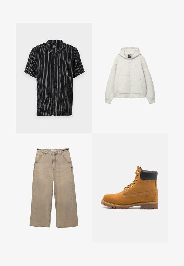 Szara bluza z kapturem na zamek, wykonana z miękkiego materiału, z przednią kieszenią, kapturem z troczkami i małym logiem na klatce piersiowej.; Koszula z krótkim rękawem w czarnym materiale z pionowymi białymi paskami, kieszenią na lewej piersi i kołnierzykiem w luźnym fasonie.; PULL&BEAR - Jeansy baggy; Beżowe zamszowe botki sięgające kostki z czarną wyściełaną krawędzią, złotymi oczkami, białymi detalami szycia oraz wytrzymałą gumową podeszwą z wyraźnym bieżnikiem.