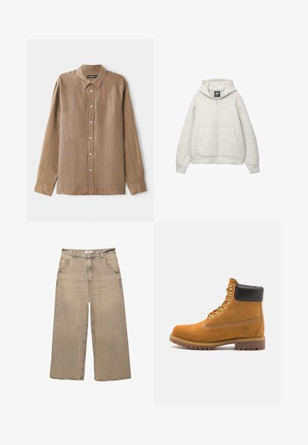 Grå zip-up hoodie lavet af blødt stof med en frontlomme, hætte med snor og et lille logo på brystområdet.; Brun langærmet skjorte i et let, tekstureret stof, med krave og knaplukning foran med kontrasterende knapper. Afslappet pasform.; PULL&BEAR MEGA BAGGY - Baggy jeans - light grey; Tan nubuck ankelstøvle med sort polstret krave, gyldne metaløjer, hvid syning detaljer og robust gummisål med udtalte slidbaner.