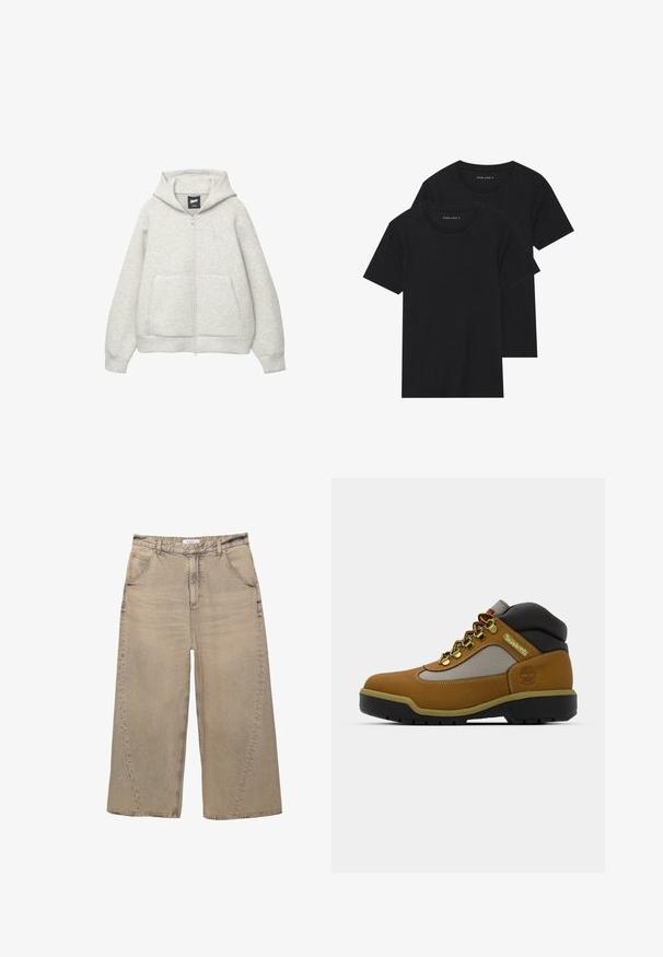 Felpa grigia con zip realizzata in tessuto morbido, dotata di tasca frontale, cappuccio regolabile con cordino e un piccolo logo nella zona del petto.; Due magliette nere di cotone a maniche corte, con scollatura rotonda e una texture liscia, esposte impilate insieme.; PULL&BEAR MEGA BAGGY - Jeans baggy - light grey; Stivale da trekking marrone con accenti grigi e neri, upper in pelle texturizzata, occhielli in metallo e suola in gomma robusta per una maggiore aderenza.