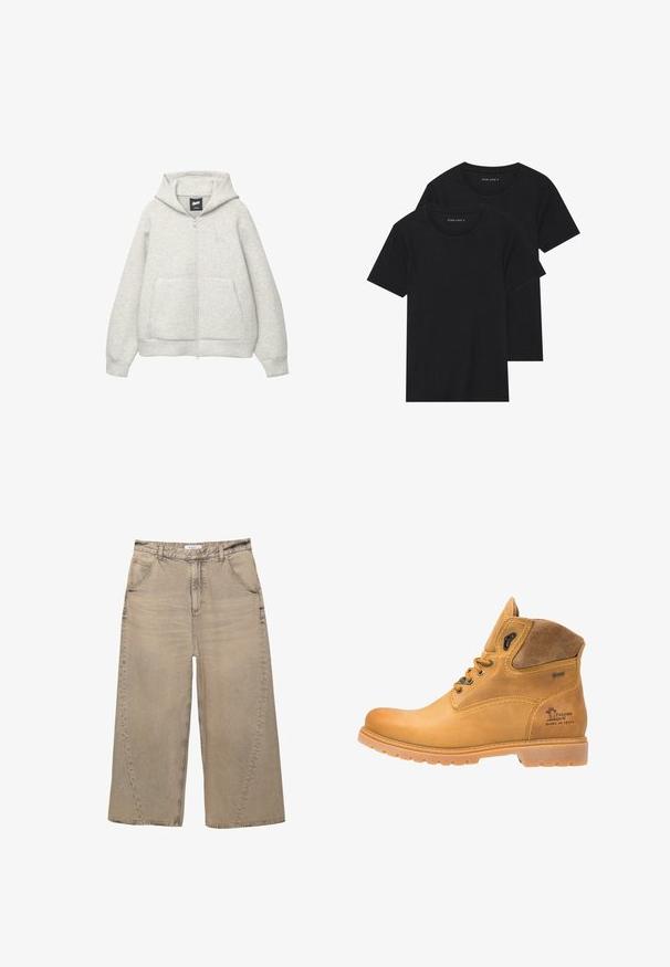 Hanorac gri cu fermoar, confectionat dintr-un material moale, cu un buzunar frontal, gluga cu șnur și un logo mic în zona pieptului.; Două tricouri negre din bumbac cu mâneci scurte, cu guler rotund și o textură netedă, expuse suprapuse.; PULL&BEAR MEGA BAGGY - Blugi largi - light grey; Botine din piele maro cu accente din suede, vârf rotund, guler căptușit și talpă din cauciuc durabil. Prezintă cusături decorative și branding.