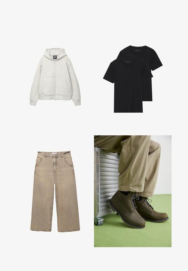 Felpa grigia con zip realizzata in tessuto morbido, dotata di tasca frontale, cappuccio regolabile con cordino e un piccolo logo nella zona del petto.; Due magliette nere di cotone a maniche corte, con scollatura rotonda e una texture liscia, esposte impilate insieme.; PULL&BEAR MEGA BAGGY - Jeans baggy - light grey; Stivali alla caviglia in pelle marrone con punta rotonda, lacci grigi, occhielli rinforzati e suole in gomma testurizzata, abbinati a pantaloni color khaki chiaro.