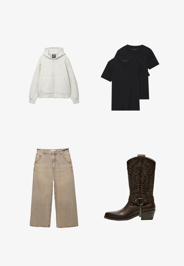 Felpa grigia con zip realizzata in tessuto morbido, dotata di tasca frontale, cappuccio regolabile con cordino e un piccolo logo nella zona del petto.; Due magliette nere di cotone a maniche corte, con scollatura rotonda e una texture liscia, esposte impilate insieme.; PULL&BEAR MEGA BAGGY - Jeans baggy - light grey; Bershka Stivali texani / biker - brown