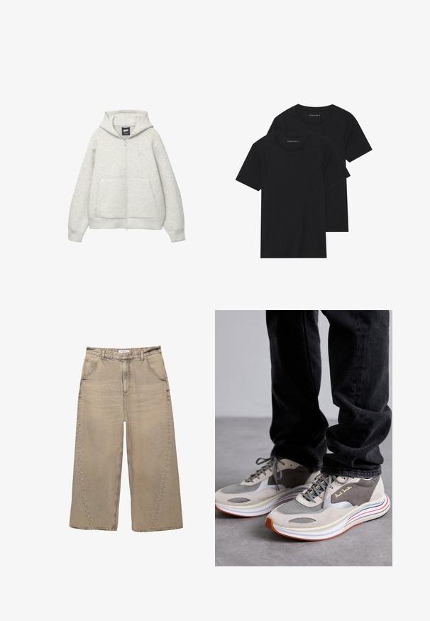 Grå zip-up hoodie lavet af blødt stof med en frontlomme, hætte med snor og et lille logo på brystområdet.; To sorte bomulds t-shirts med korte ærmer, rund halsudskæring og en glat tekstur, vist stablet sammen.; PULL&BEAR MEGA BAGGY - Baggy jeans - light grey; Paul Smith SHOE KOTO - Sneakers - sand