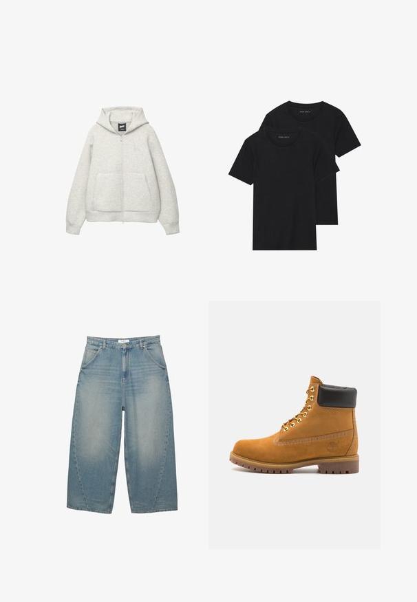 Hanorac gri cu fermoar, confectionat dintr-un material moale, cu un buzunar frontal, gluga cu șnur și un logo mic în zona pieptului.; Două tricouri negre din bumbac cu mâneci scurte, cu guler rotund și o textură netedă, expuse suprapuse.; PULL&BEAR MEGA BAGGY - Blugi largi - stone blue denim; Cizmă de gleznă din întoarsă de culoare bej, cu guler negru căptușit, ochiuri din metal auriu, detalii de cusătură albă și talpă din cauciuc robustă, cu un model pronunțat.