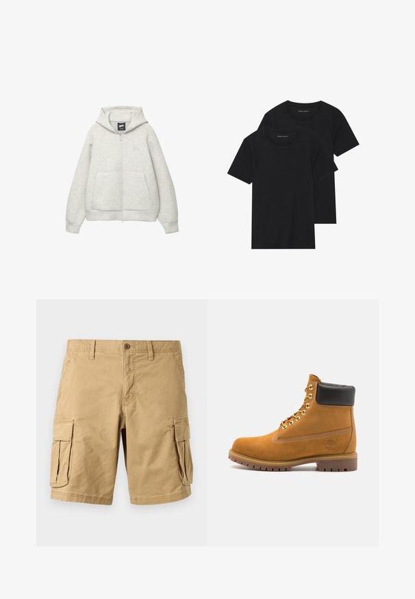 Felpa grigia con zip realizzata in tessuto morbido, dotata di tasca frontale, cappuccio regolabile con cordino e un piccolo logo nella zona del petto.; Due magliette nere di cotone a maniche corte, con scollatura rotonda e una texture liscia, esposte impilate insieme.; Pantaloni cargo beige realizzati in cotone leggero, con due grandi tasche laterali, chiusura con bottone e passanti per cintura. Tessuto liscio.; Stivale alla caviglia in suede tan con collare imbottito nero, occhielli in metallo dorato, dettagli in cucitura bianca e suola in gomma robusta con battistrada pronunciato.