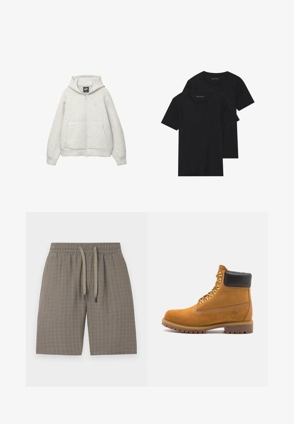 Grå zip-up hoodie lavet af blødt stof med en frontlomme, hætte med snor og et lille logo på brystområdet.; To sorte bomulds t-shirts med korte ærmer, rund halsudskæring og en glat tekstur, vist stablet sammen.; Brune, strukturerede shorts med elastisk talje og justerbar snor; har et blødt, let stof og et ternet mønster.; Tan nubuck ankelstøvle med sort polstret krave, gyldne metaløjer, hvid syning detaljer og robust gummisål med udtalte slidbaner.