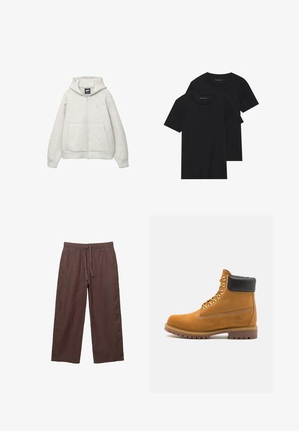 Szara bluza z kapturem na zamek, wykonana z miękkiego materiału, z przednią kieszenią, kapturem z troczkami i małym logiem na klatce piersiowej.; Dwie czarne bawełniane koszulki z krótkimi rękawami, okrągłymi dekoltami i gładką fakturą, wyeksponowane ułożone jedna na drugiej.; Brązowe lniane spodnie z szerokimi nogawkami i elastycznym pasem na sznurku, z dwoma bocznymi kieszeniami i lekkim, teksturowanym materiałem.; Beżowe zamszowe botki sięgające kostki z czarną wyściełaną krawędzią, złotymi oczkami, białymi detalami szycia oraz wytrzymałą gumową podeszwą z wyraźnym bieżnikiem.
