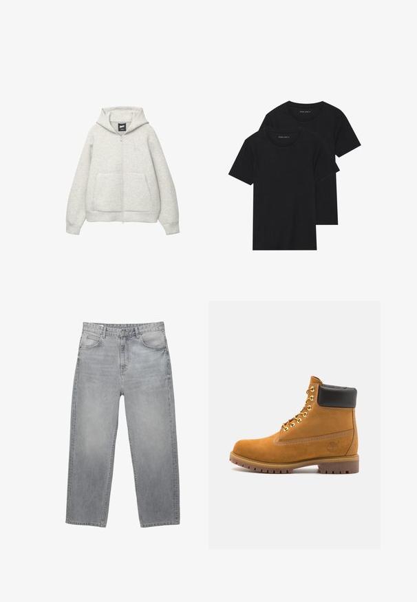 Graue Kapuzenjacke mit Reißverschluss, aus weichem Stoff, mit einer Fronttasche, einer Zugkordel an der Kapuze und einem kleinen Logo im Brustbereich.; Zwei schwarze Baumwoll-T-Shirts mit kurzen Ärmeln, runden Ausschnitten und einer glatten Textur, übereinander gestapelt.; Helle graue Denim-Jeans mit geradem Bein, ausgestattet mit fünf Taschen, einem Knopfverschluss und dezenter Ausbleichung für die Textur.; Beige Wildleder-Ankle-Boot mit schwarzem gepolstertem Kragen, goldenen Metallösen, weißen Nähdetalben und einer robusten Gummisohle mit ausgeprägtem Profil.