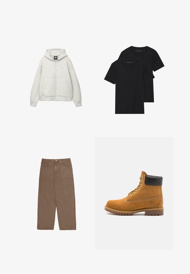 Hanorac gri cu fermoar, confectionat dintr-un material moale, cu un buzunar frontal, gluga cu șnur și un logo mic în zona pieptului.; Două tricouri negre din bumbac cu mâneci scurte, cu guler rotund și o textură netedă, expuse suprapuse.; Pantaloni largi brown din bumbac, cu două buzunare frontale și închidere cu buton. Țesătura are o textură moale și un finisaj mat.; Cizmă de gleznă din întoarsă de culoare bej, cu guler negru căptușit, ochiuri din metal auriu, detalii de cusătură albă și talpă din cauciuc robustă, cu un model pronunțat.