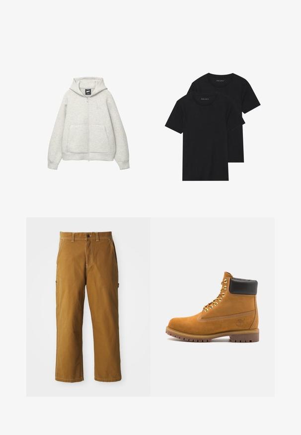 Gray zip-up hoodie made of soft fabric with a front pocket, a drawstring hood, and a small logo on the chest area.; Two black cotton t-shirts with short sleeves, round necklines, and a smooth texture, displayed stacked together.; Brown cotton pants with a straight cut, reinforced stitching, and side pockets. Features a button closure and belt loops at the waist.; Tan suede ankle boot with black padded collar, gold metal eyelets, white stitching detailing, and rugged rubber sole with pronounced treads.